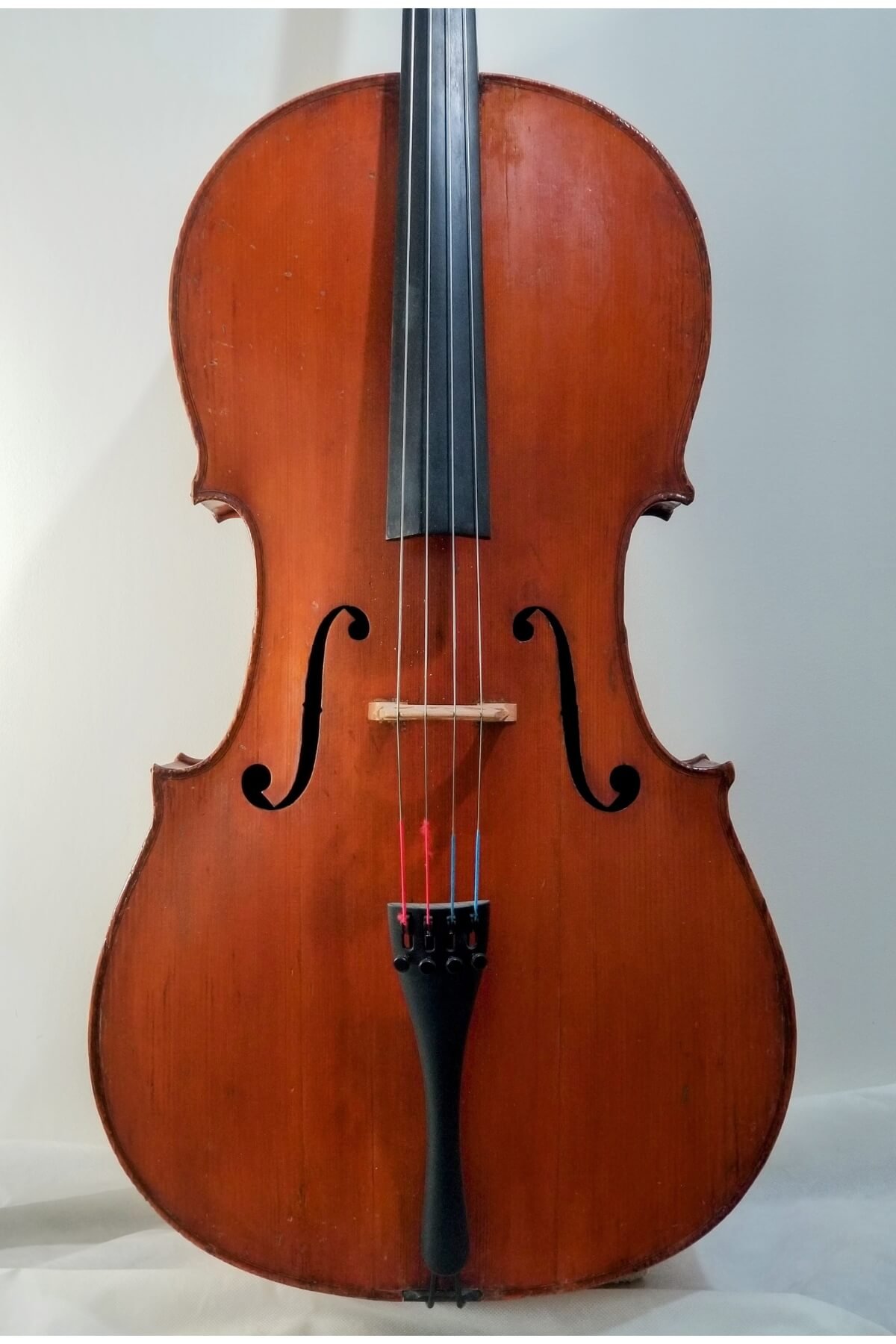 The front of a cello by Marc Laberte, Mirecourt France available for sale in Boston.
