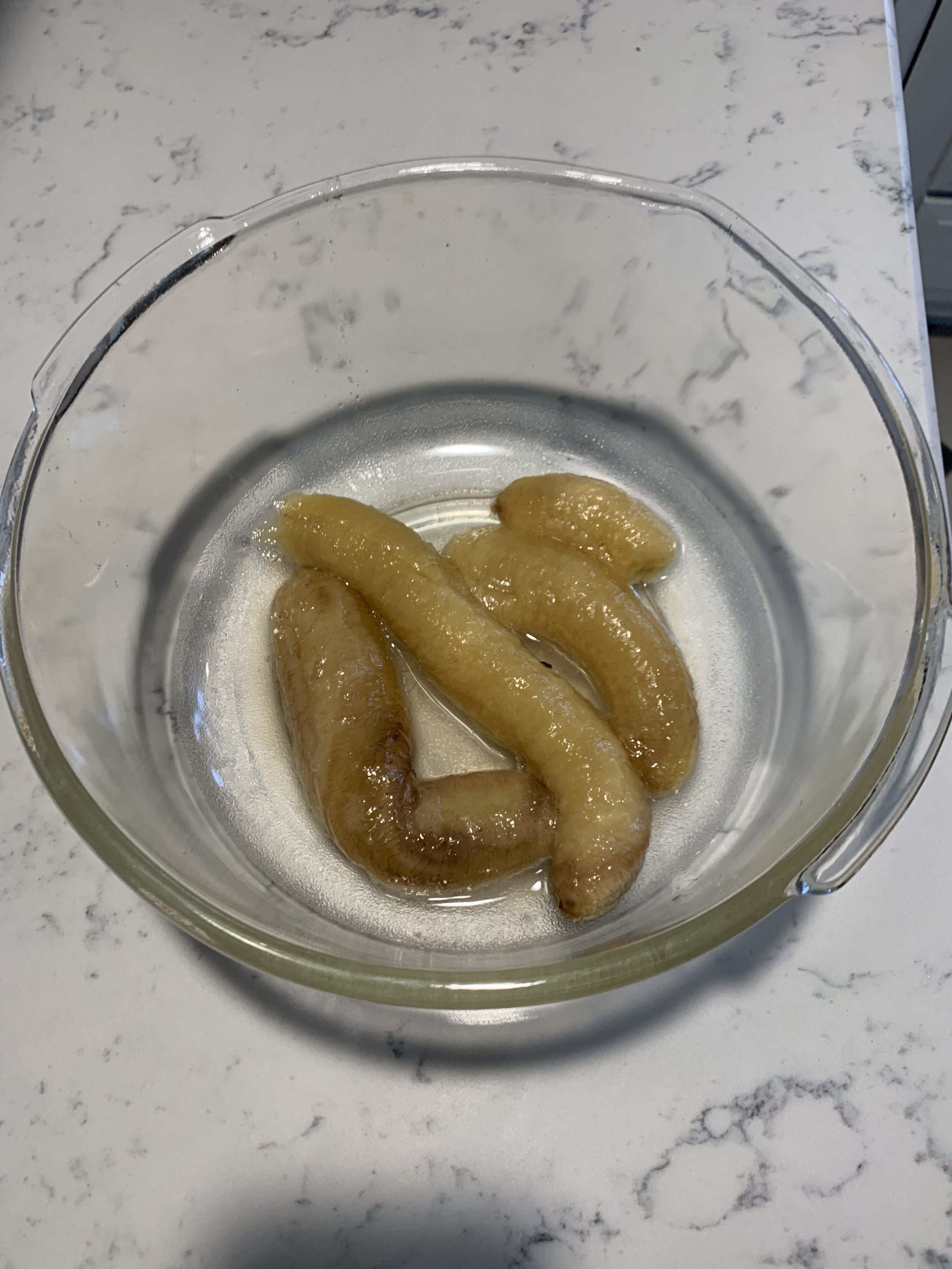 Slimy looking bananas from the freezer. Use 3 very ripe ones with brown spots if you’re not using