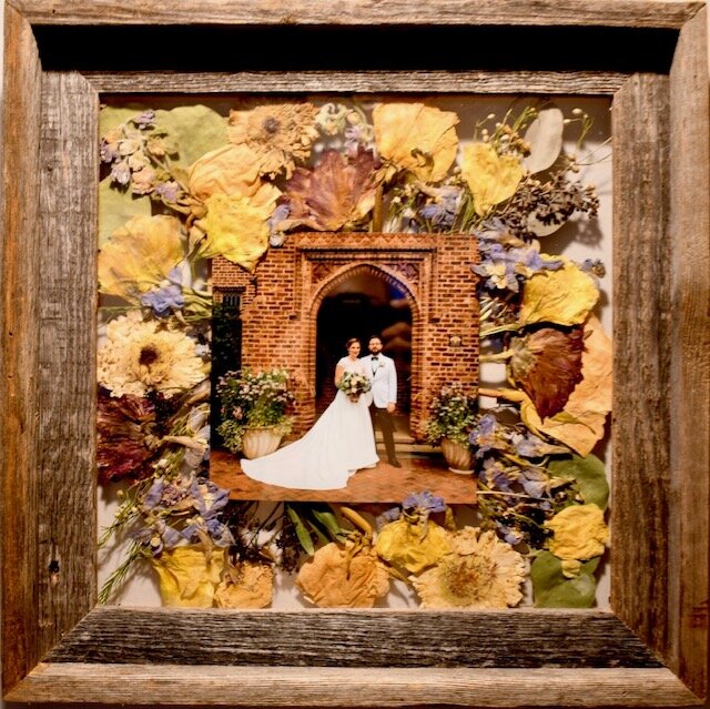 12x12” reclaimed frame with 6x6” square photo and pressed flowers.