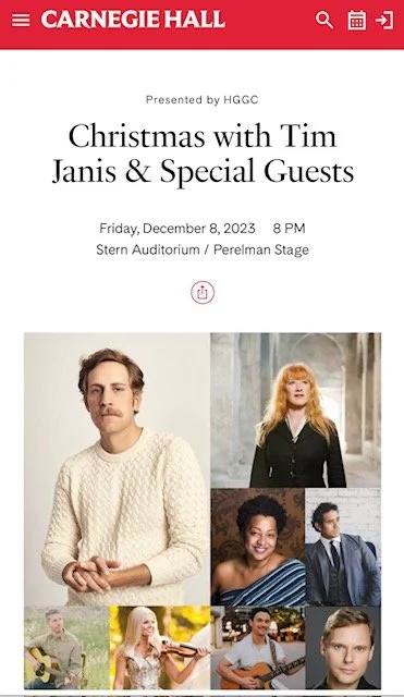 PERFORMING AGAIN AT CARNEGIE HALL DECEMBER 8, 2023. “CHRISTMAS WITH TIM JANIS AND SPECIAL GUEST