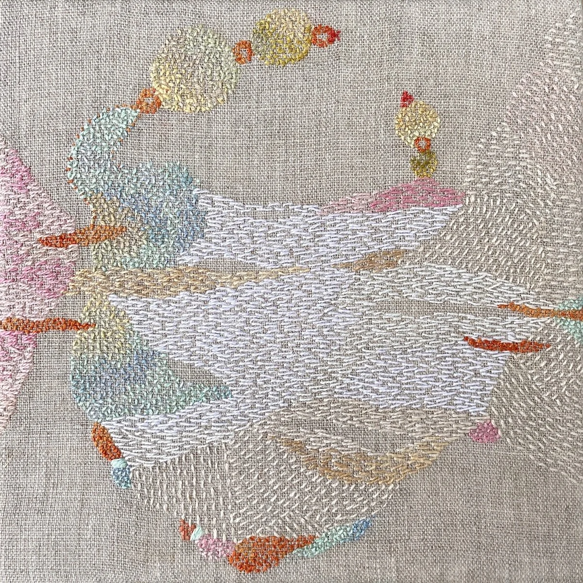 Bonnie Sennott, Mysterious Unfolding, 2025, pearl cotton on linen, 8 inches x 8 inches