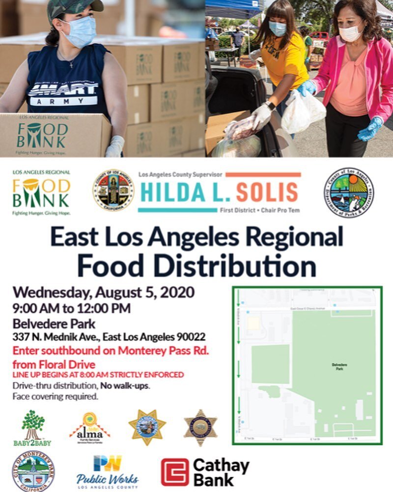 Share widely! LA County Supervisor Hilda Solis and the Los Angeles Regional Food Bank will be hosting a drive-thru food distribution for anyone in need (no walk-ups; a face mask is required), serving up to 4,000 families in East LA and surrounding ne