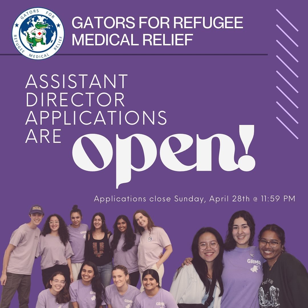 Happy almost finals season everyone! Gators for Refugee Medical Relief is excited to announce that Assistant Director applications are open NOW for Summer 2024! 😊

We encourage you to apply if you&rsquo;re interested in getting more hands on experie