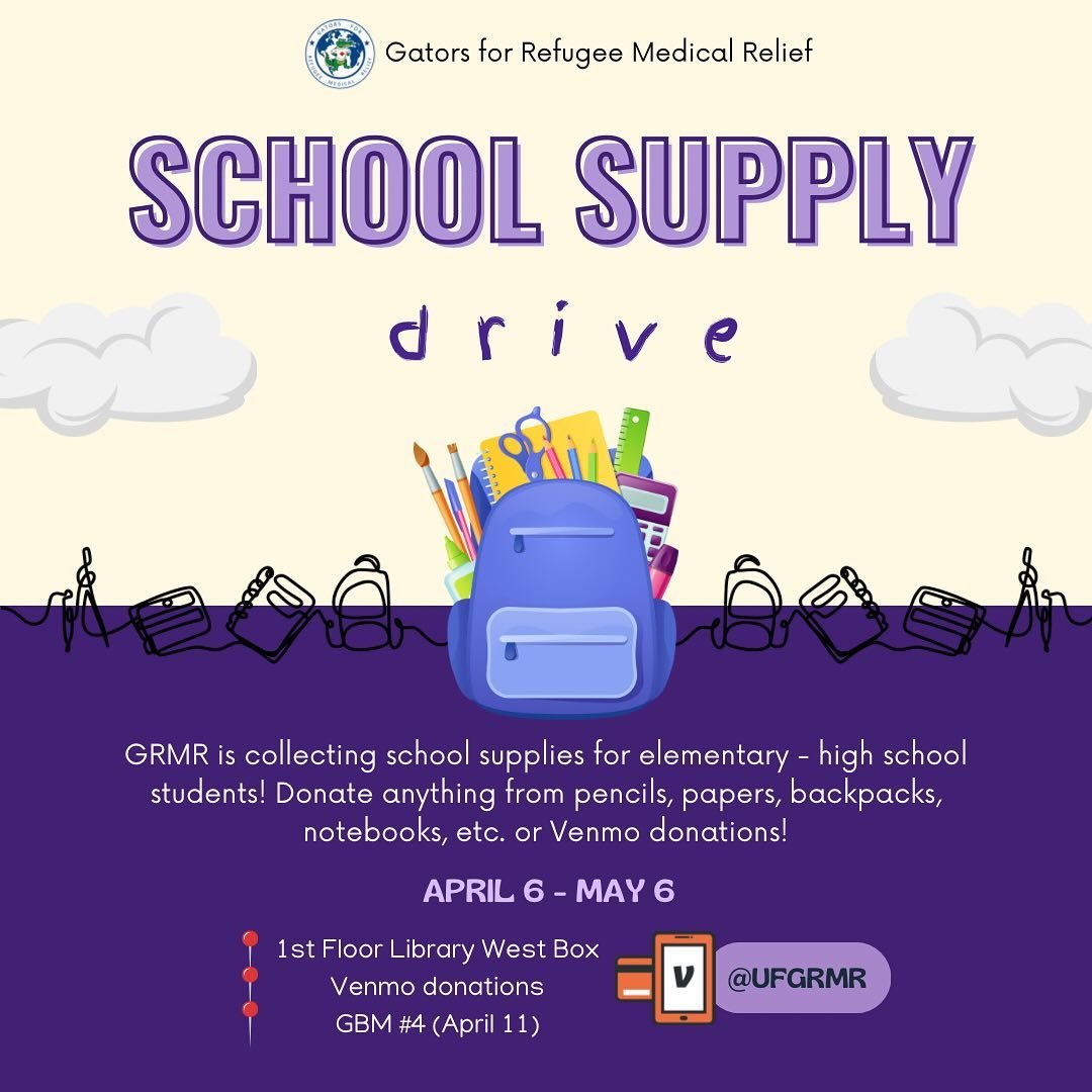 Hey GRMR! We are ending the semester and preparing for the new school year by hosting a school supply drive! It will run from April 6th-May 6th, 2024. You can drop off supplies in our box in Library West or bring them to our final GBM on April 11th! 