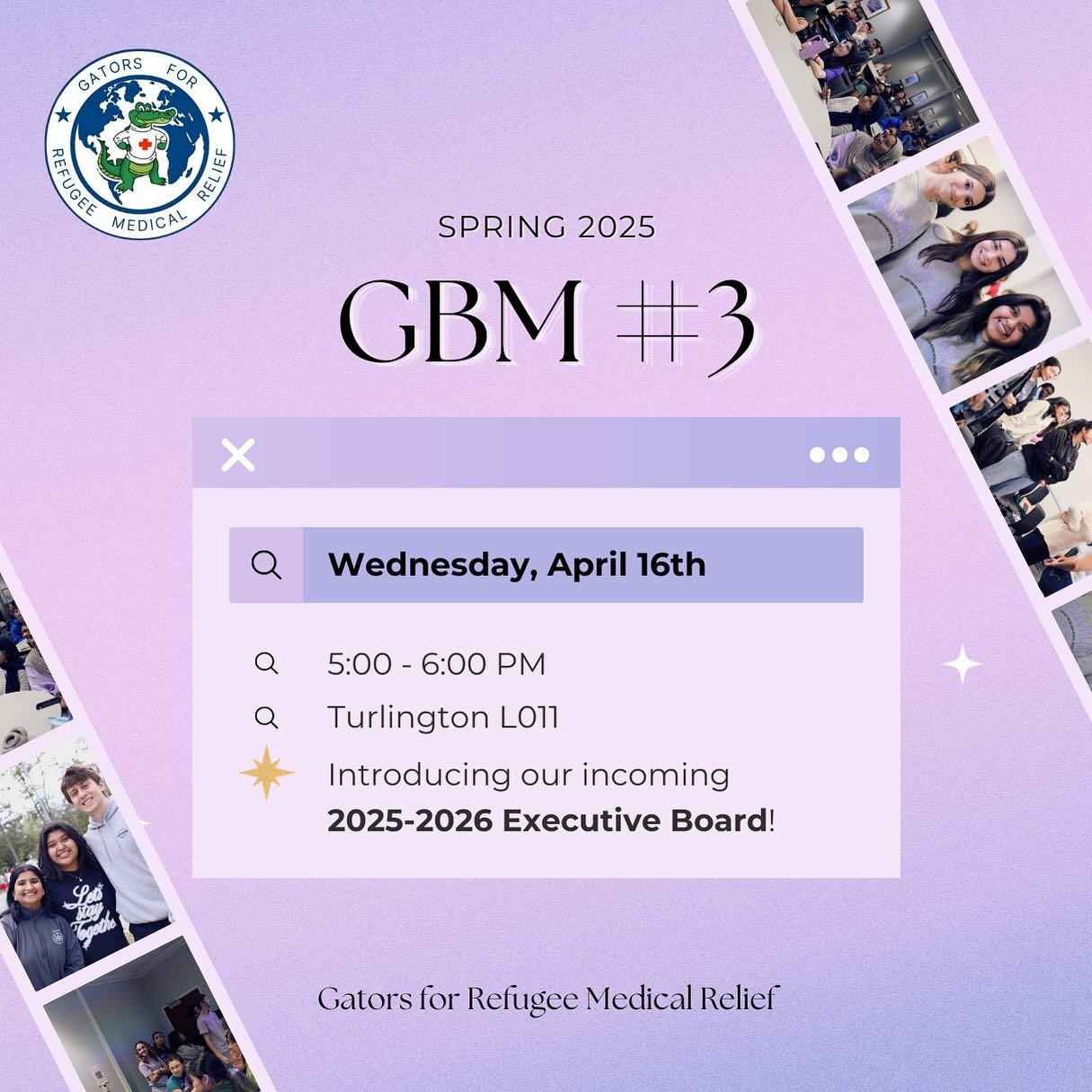 Hi GRMR! We have a NEW DATE for our 3RD GBM of the semester. We will be meeting this Wednesday, April 16th to share some exciting news&hellip; We will be introducing our next Executive Board for the 2025-2026 year!! Join us in Turlington L011 at 5-6P
