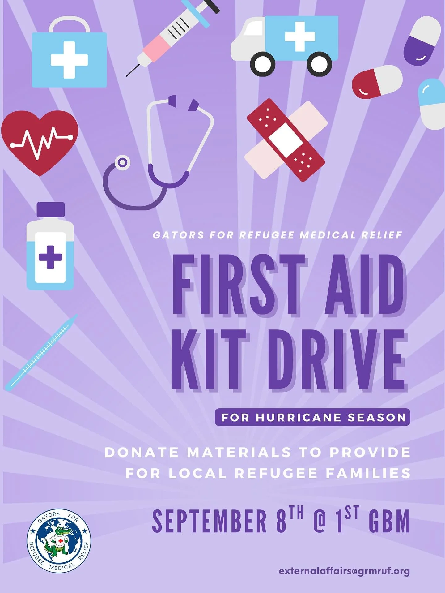 Hi GRMR!

We are having a First Aid Kit Drive where we will gather supplies to form kits for local refugee families in preparation of hurricane season. 

Bring any of these supplies to our first GBM, take a picture of the item, and submit to the form