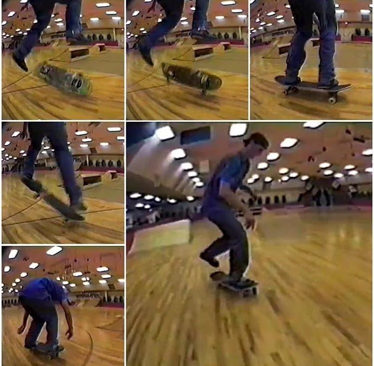 The nollie flip in question. Useless Wooden Toys (1990). Note the size of the board.