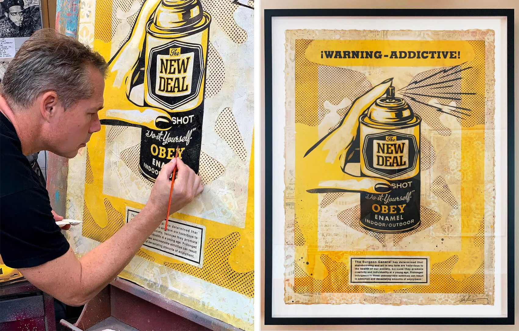 The artist painting iWARNING ADDICTIVE! 2019 in his studio.iWARNING ADDICTIVE! 2020, Mixed media (spraypaint, stencil, unique screenprint, and graphite on deckled edge paper), 28" x 37" (framed 33"x42")