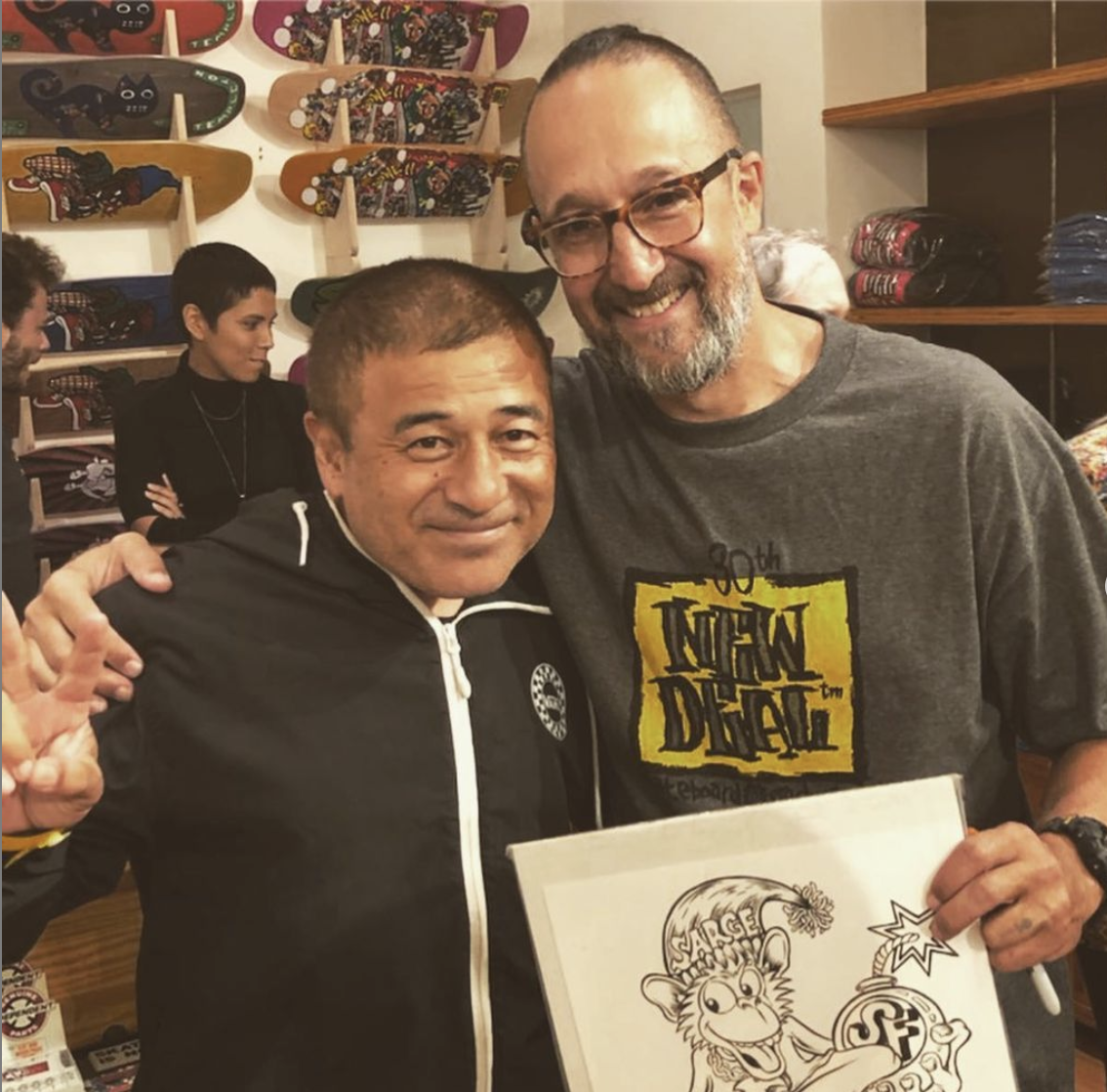 The artist, Steve Caballero, with artist compadre and NEW DEAL co-founder Andy Howell, at the opening of the NEW DEAL 1990 Exhibition at Subliminal Projects gallery in Los Angeles in 2019.