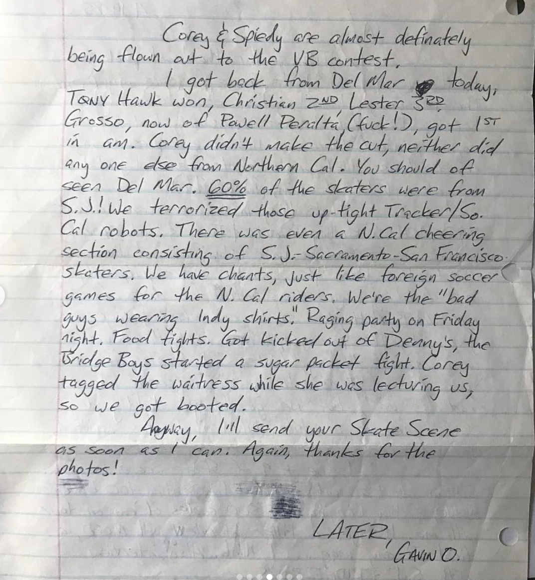A NorCal-centric letter from Faction lead singer Gavin O’Brien (yes, brother of Scurbs Skate Gang fiend and Santa Cruz Pro Corey O’Brien), circa 1985.