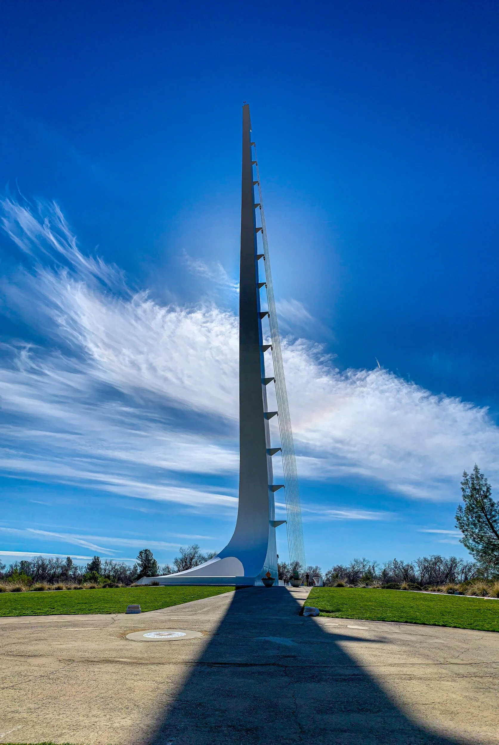 Looking upon the tower of the Sundial Bridge in Redding, March 2021