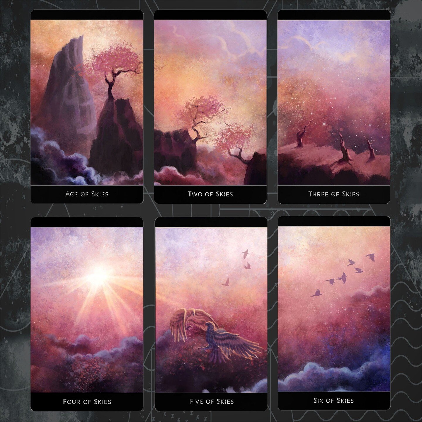 And the Skies suit, which got some minor conceptual tweaks and new sunset inspired color palette.. #thelostforesttarot #lostforesttarot #indietarot #indietarotdeck #tarotkickstarter #kickstartertarot #tarot #tarotreader #fantasyart #fantasyillustrati