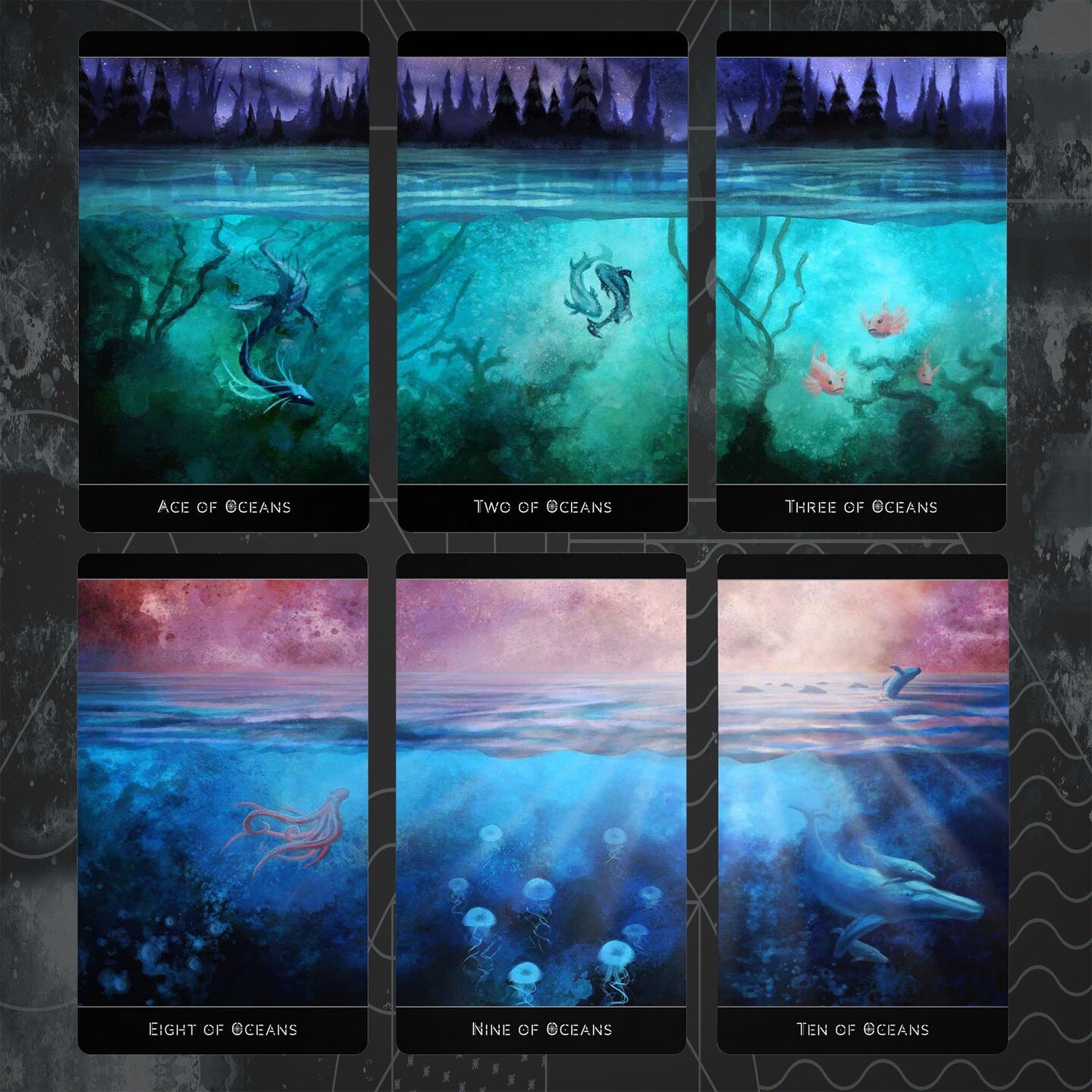 The 3rd edition of The Lost Forest launches tomorrow! Here's a preview of some of the artwork, starting with the Oceans suit, which received no changes as I was pretty happy with it... #thelostforesttarot #lostforesttarot #indietarot #indietarotdeck 