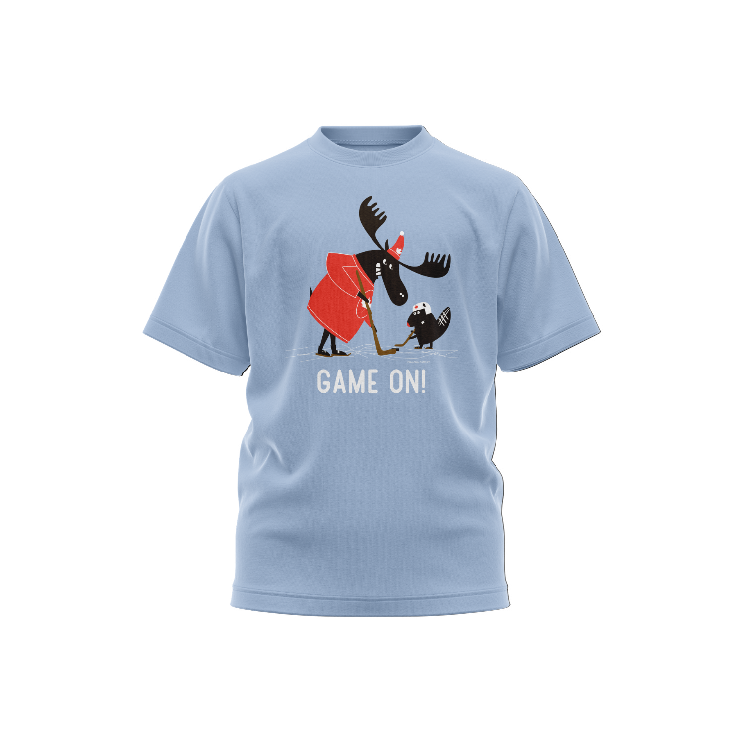 Big Mo moose and Buzzie beaver graphic on t-shirt playing shinny on a frozen pond