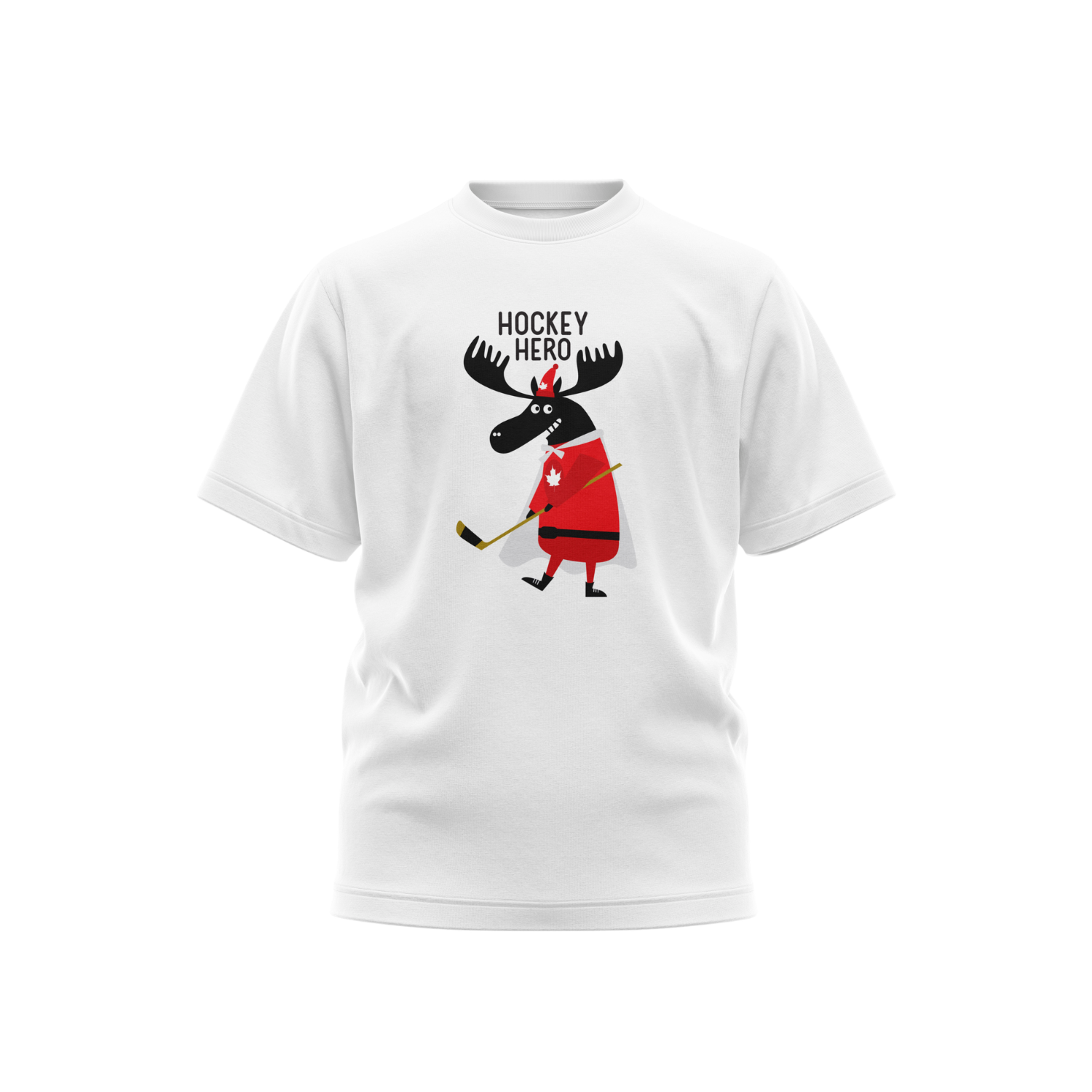 Big Mo moose graphic on t-shirt wearing a superhero cape and holding a hockey stick