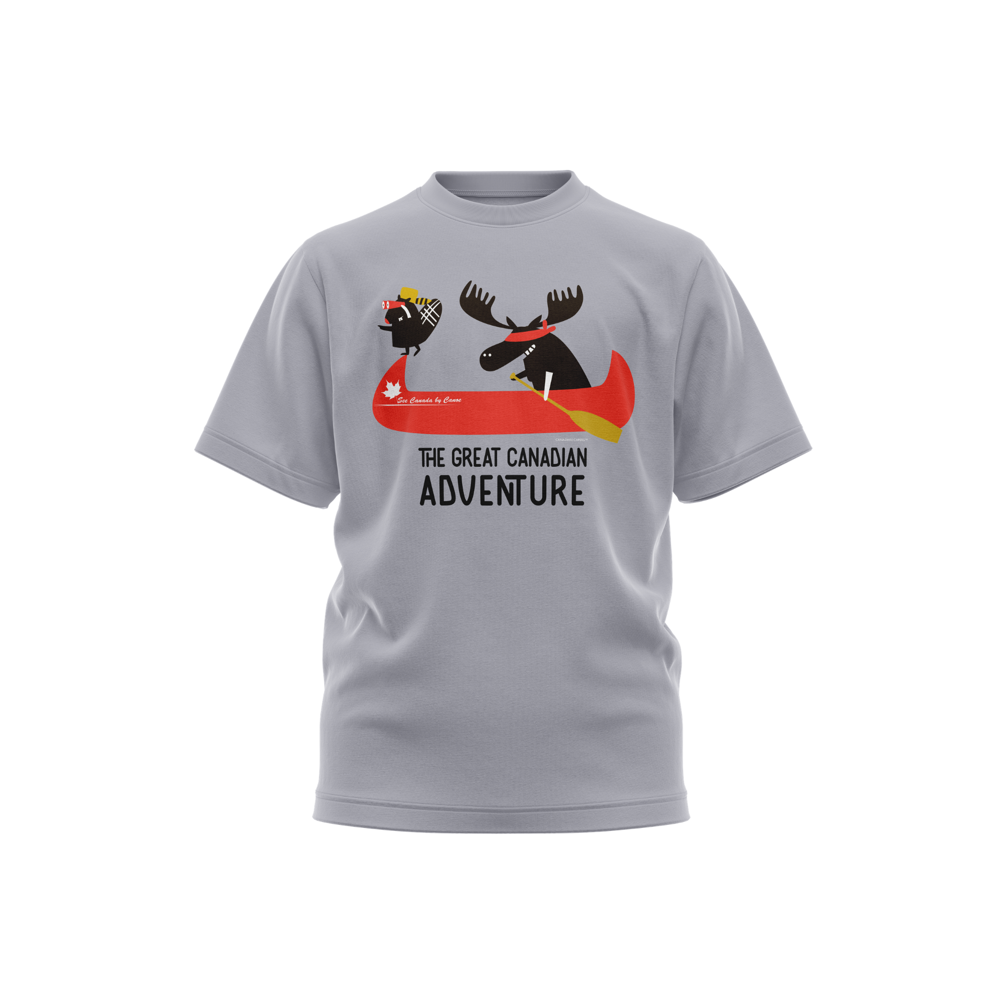 Big Mo moose and Buzzie beaver graphic on t-shirt in a canoe adventure scene with blindfold and binoculars