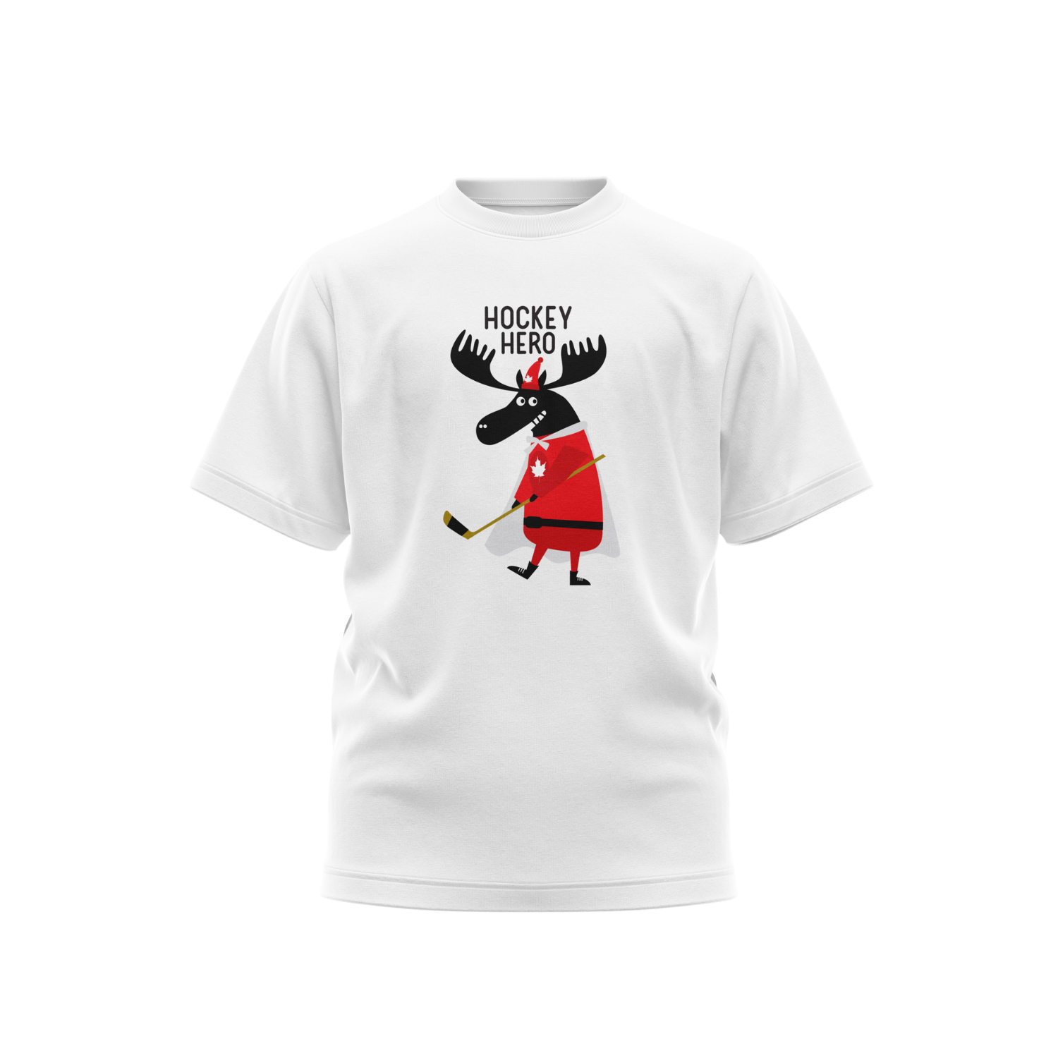 Big Mo moose graphic on t-shirt wearing a superhero cape and holding a hockey stick