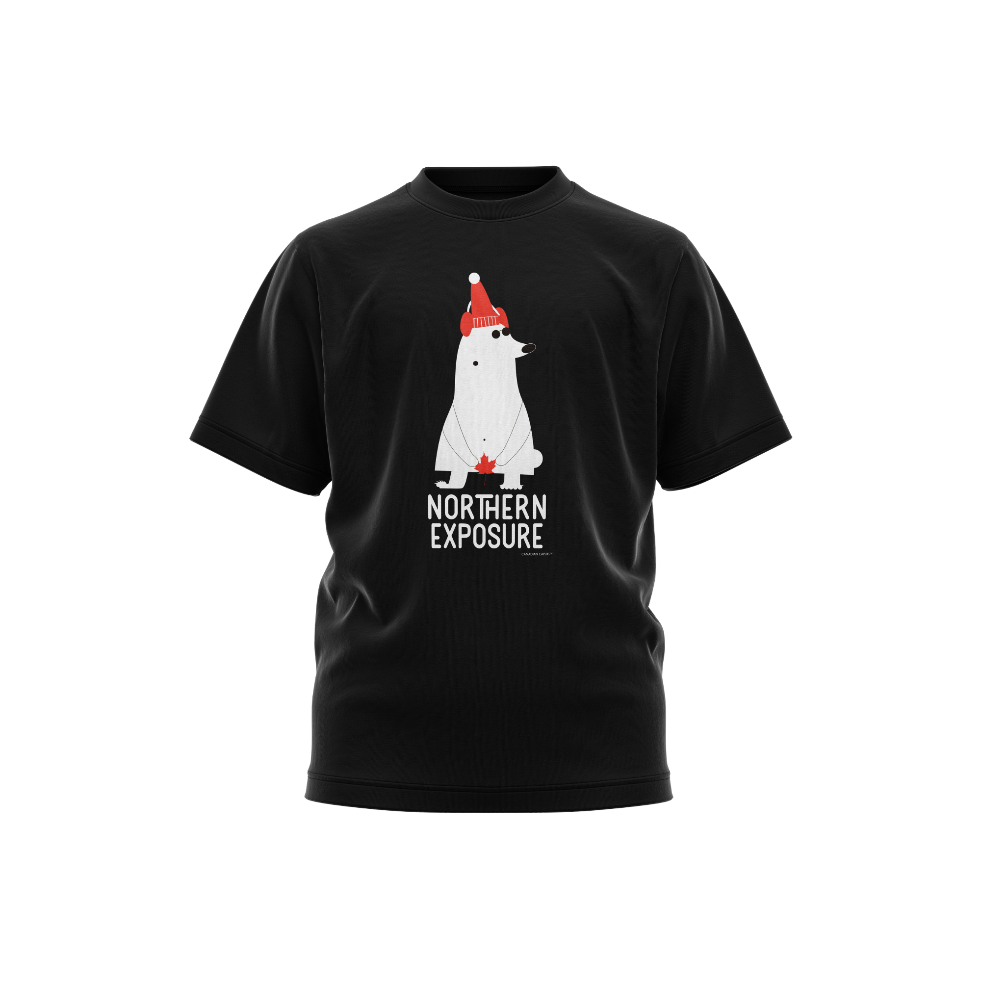 Beau polar bear graphic on t-shirt holding a maple leaf in a humorous Canadian design