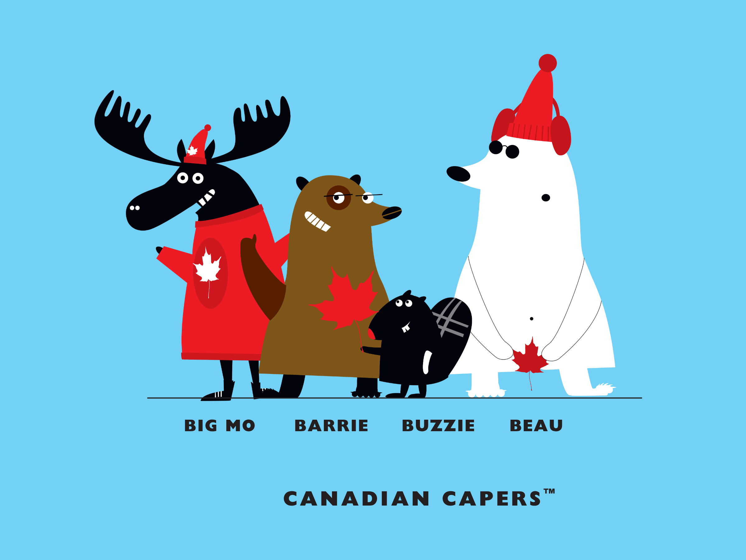 Canadian Capers character graphics on t-shirts featuring Big Mo moose, Buzzie beaver, and Beau polar bear in Canadian-themed designs