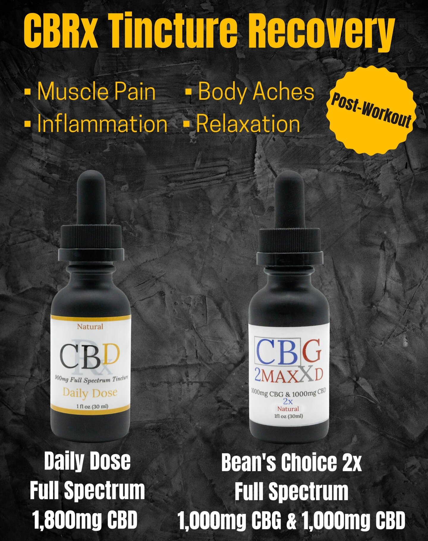 Say hello 👋 To faster workout recovery with CBD &amp; CBG! 👏 We're talking muscle pain, body aches, inflammation, relaxation &amp; more! 🙌 
🔸 Daily Dose 2x 🔸 
Full Spectrum 1,800mg CBD - Straight up CBD, get to the point, no BS.
🔸 Bean's Choice