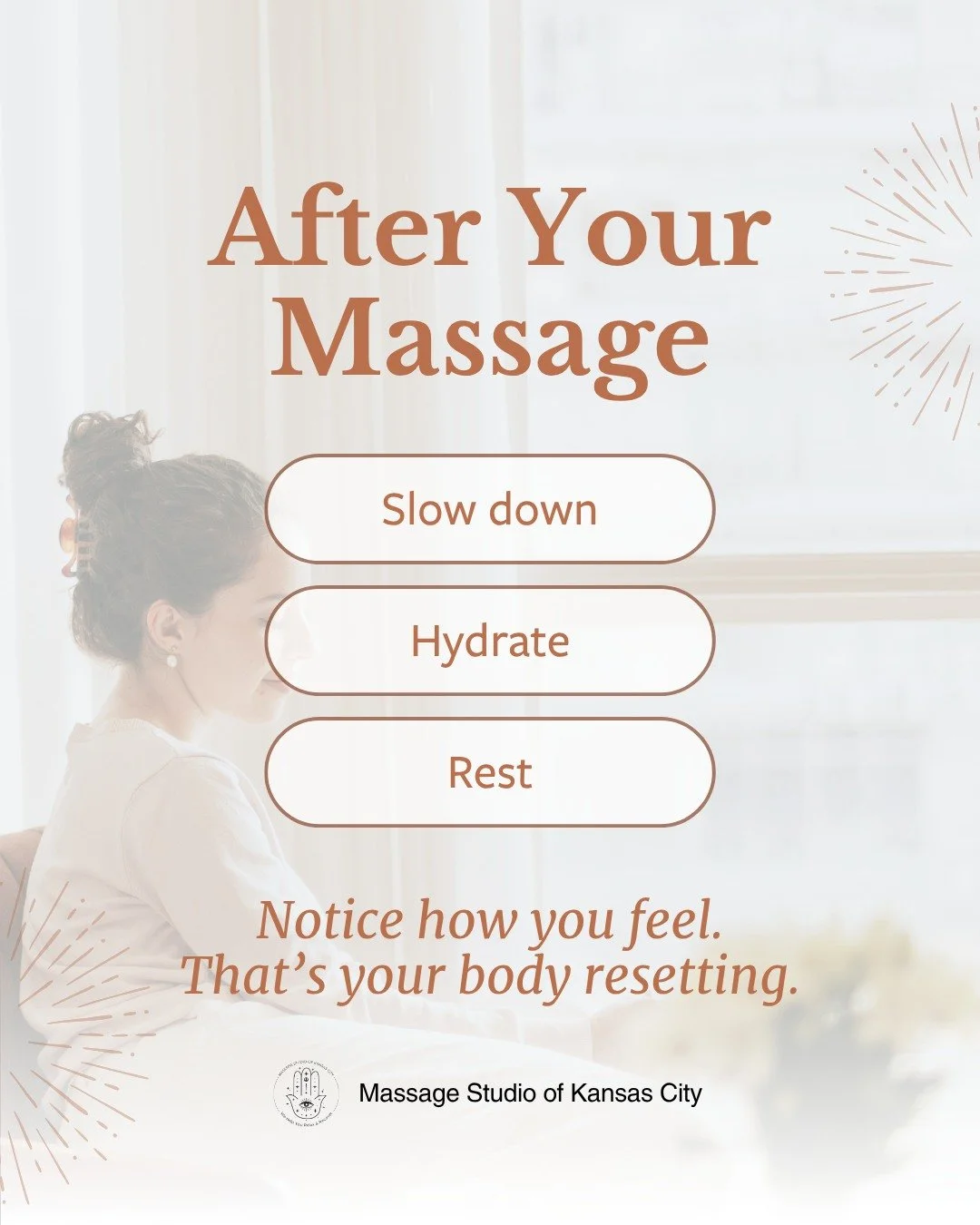 Your massage doesn&rsquo;t end when you leave! Your body continues to adjust, release, and restore for hours afterward.

Here are a few simple ways to extend the benefits:

💧 Drink water: Helps your body process what&rsquo;s been released.
🧘 Stretc