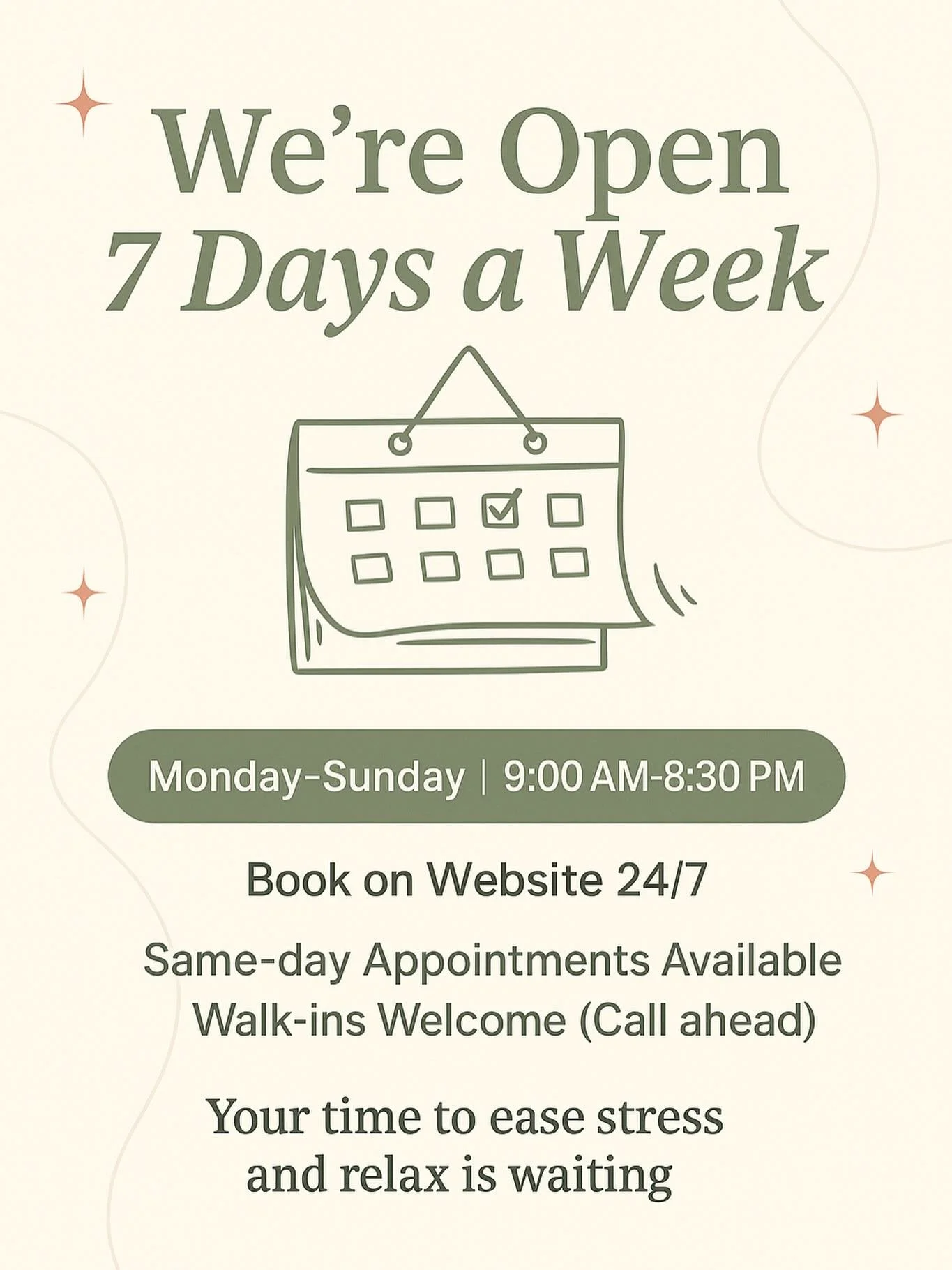 Escape stress, find serenity. Whether it's a weekend escape or a midweek unwind, our doors are open every day to help you feel your best. 🕘 Open 7 Days a Week

Monday&ndash;Sunday | 9:00AM &ndash; 8:30PM

We make massage fit your life, not the other