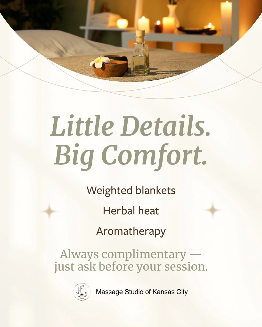 We believe comfort is part of the therapy.

Our Elevated Comfort Enhancements are free, always available by request &mdash; small touches that make a big difference.

Choose from:

- Aromatherapy for mood support.
- Weighted blanket + eye pillow for 