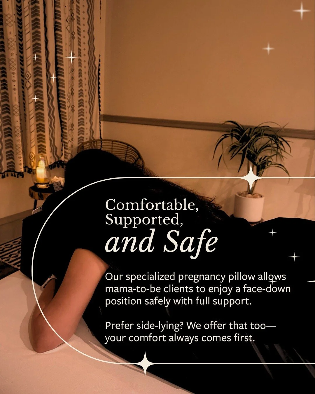 Your body is doing a lot, Mama! You deserve a massage that supports EVERY part of it.

Our specialized pregnancy pillow allows mama-to-be clients to enjoy a face-down position safely with full support.

Prefer side-lying? We offer that too &mdash; yo