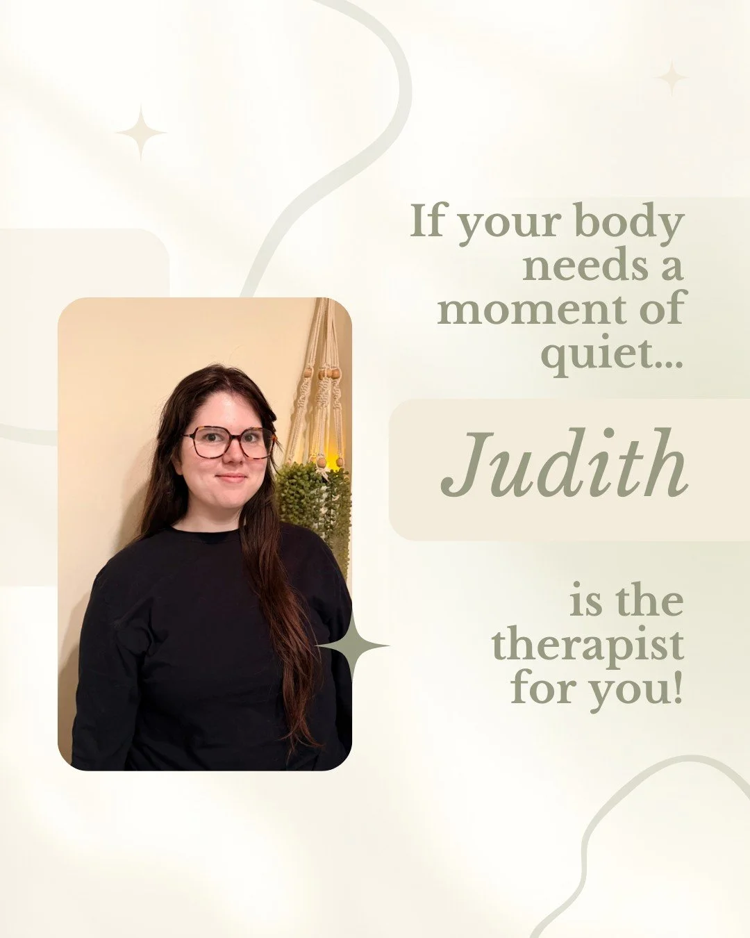 Say hello to Judith, the kind of licensed massage therapist who brings instant calm into a room.

💪 Her work has a quiet confidence to it: steady, nurturing, and deeply supportive. 

Judith listens not just to what you tell her, but to what your bod