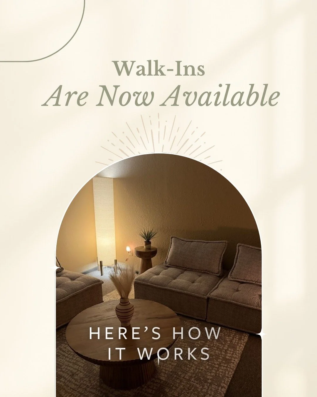 With our new spa location, we&rsquo;re now offering walk-in massage appointments &mdash; with a few guidelines to keep things smooth and intentional.

To qualify as a walk-in:

 &bull; You&rsquo;re seeking a session within the next 30 minutes
 &bull;