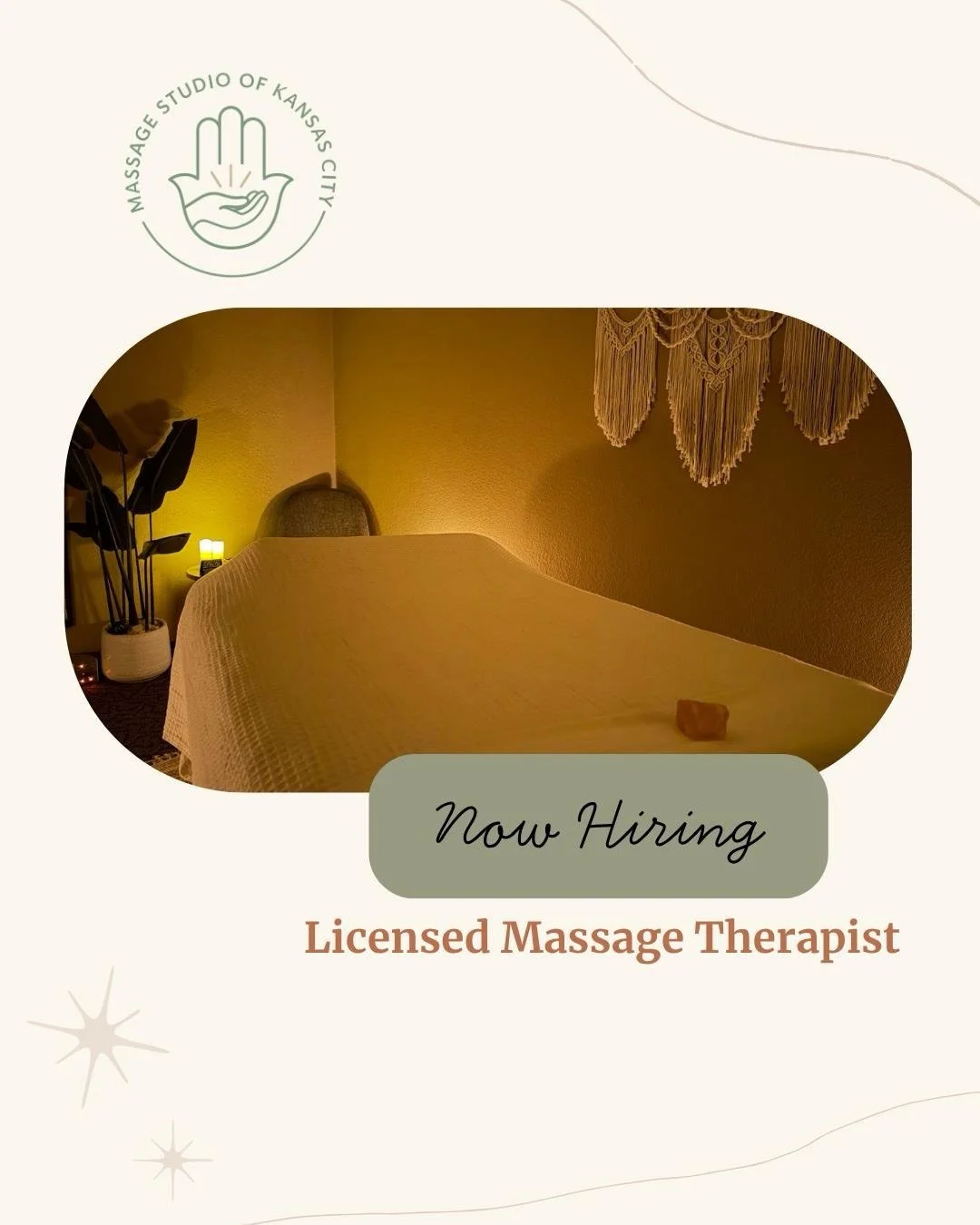 Now hiring Licensed Massage Therapists 🤍

If you&rsquo;re tired of being overworked and under-supported, this is your sign.
✔️ 30-minute breaks between clients
✔️ Weekly pay + tips
✔️ Established clientele ready to book you 
✔️ Full front desk suppo