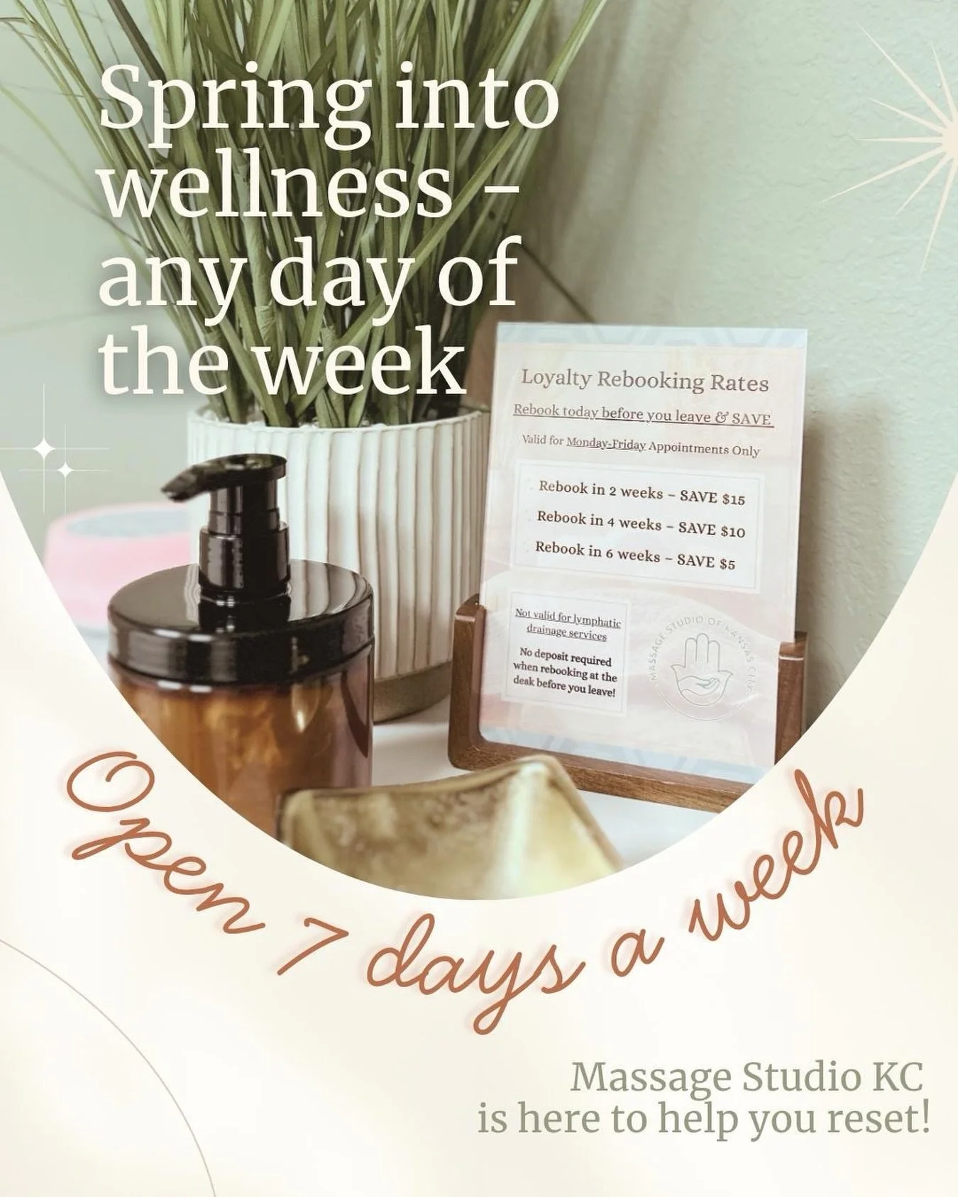 Your body called &mdash; it wants a reset. 🌿✨ 

We&rsquo;re open 7 days a week so your self-care never has to wait for only weekdays. And when you rebook before you leave? You save &mdash; no deposit needed. 
💆 2 weeks out &rarr; save $15 
💆🏻&zwj