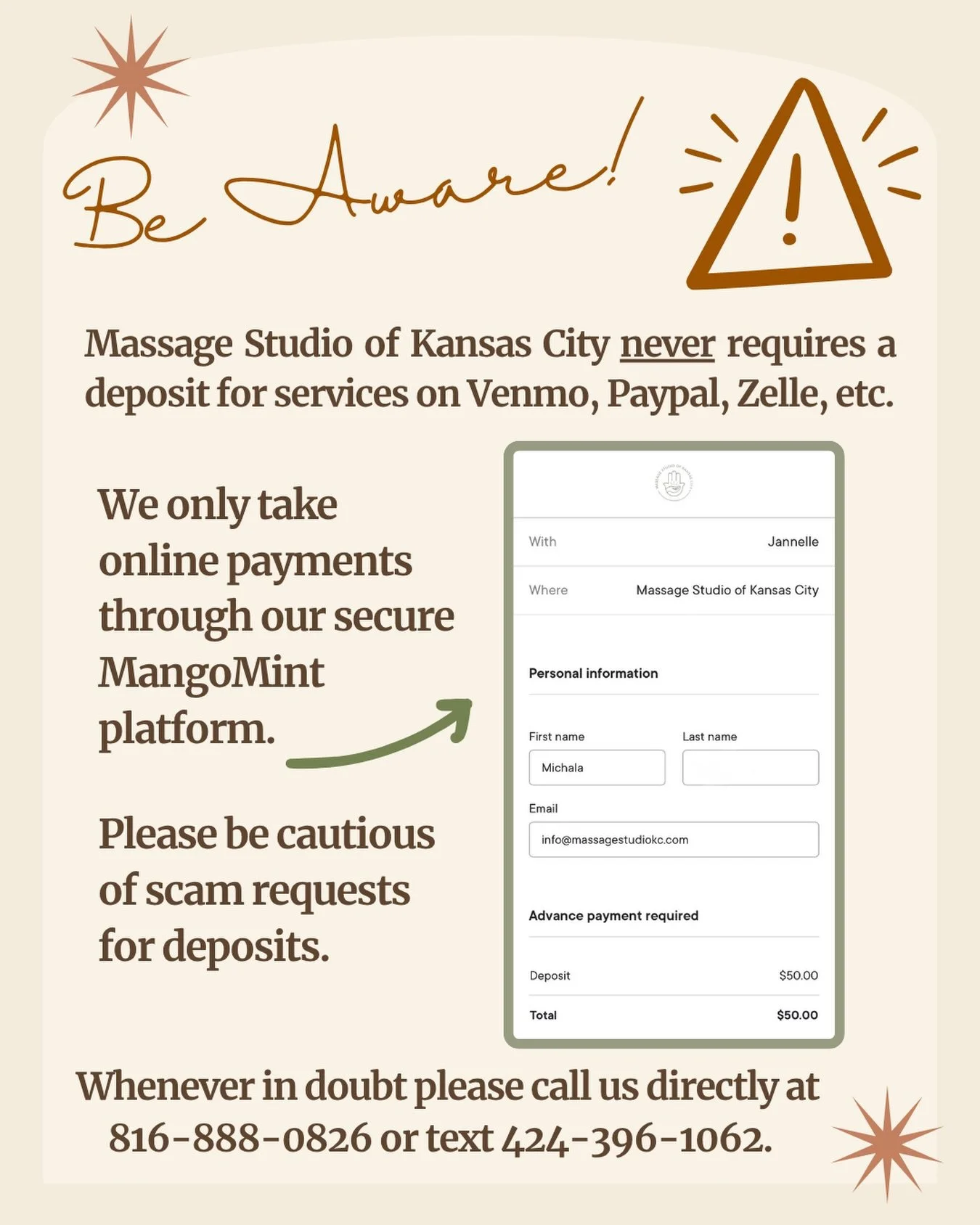 SCAM ALERT &ndash; PLEASE READ ⚠️
We have been made aware of a fake massage spa listing using our address at 1711 Westport Road, Kansas City, MO 64111. 

This fraudulent listing is requesting deposits from clients &mdash; do NOT send them any money.
