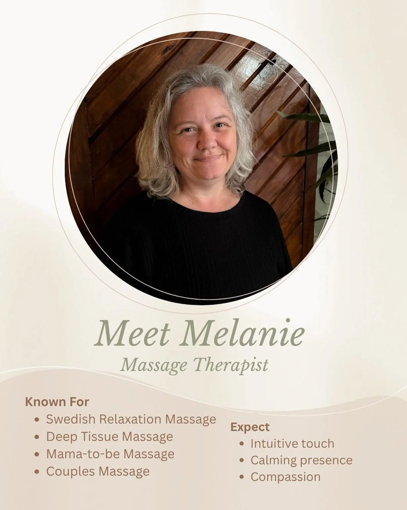 There&rsquo;s a new healing hand on our team &mdash; meet Melanie! 🌸
With 25 years of experience and a gift for intuitive touch, Melanie specializes in Swedish, deep tissue, prenatal, and couples massage. Whether you&rsquo;re looking to relax or wor