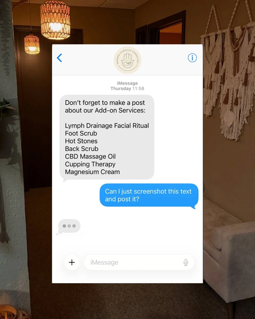 If only you could find a massage studio with customizable add-on options and a free elevated comfort menu. 

Customize your service, adjust to your preferences, get the experience you want at Massage Studio of Kansas City!

#massagetherapy #massageth