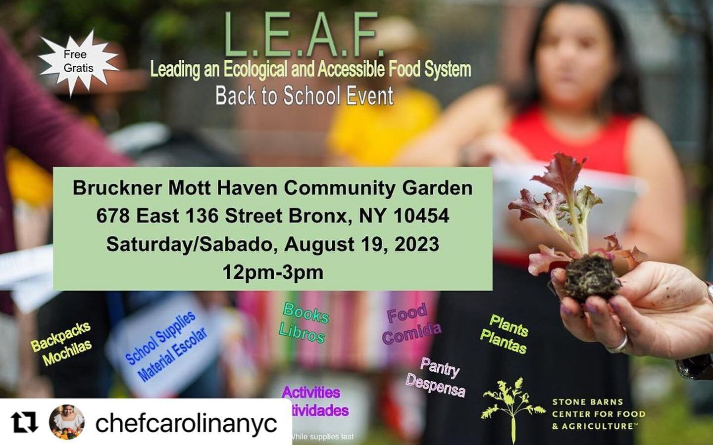 So excited to be joining this EVENT !!!! Come on out!! 

#Repost @chefcarolinanyc with @use.repost
・・・
Saturday 08/19 L.E.A.F. Back to school event at @brucknermotthavengarden please reach out to me if you would like to volunteer for this event!!!