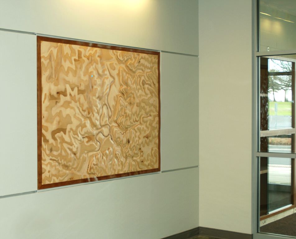 Common Ground: 6’ x 4’ 6” x 2” Baltic birch plywood, cherry wood trim, oil paints, conversion varnish, pulsing led light :: 2009.  This is a touchable, polished wood topography of the land on which the community center, park, and surrounding neighbo