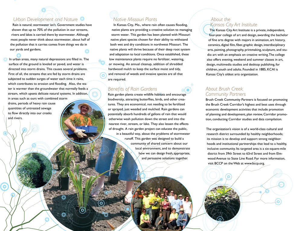 KCAI Brush Creek Community Rain Garden, Kansas City, MO :: 2006-present. Brochure, inside. This material focuses on the problems and solutions addressed by the garden.