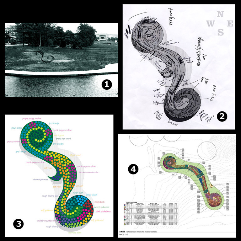  KCAI Brush Creek Community Rain Garden, Kansas City, MO :: 2006-present.  Sketches in development. The design for the garden was deliberately more formal than many wild-flower gardens, to show city residents that native plants could be used in their