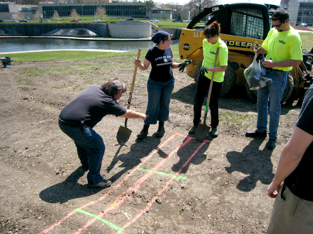  KCAI Brush Creek Community Rain Garden, Kansas City, MO :: 2006-present.  Laying out the garden and beginning digging for the first check dam. A Kansas City construction company contributed to the project by first excavating the compacted soil at th