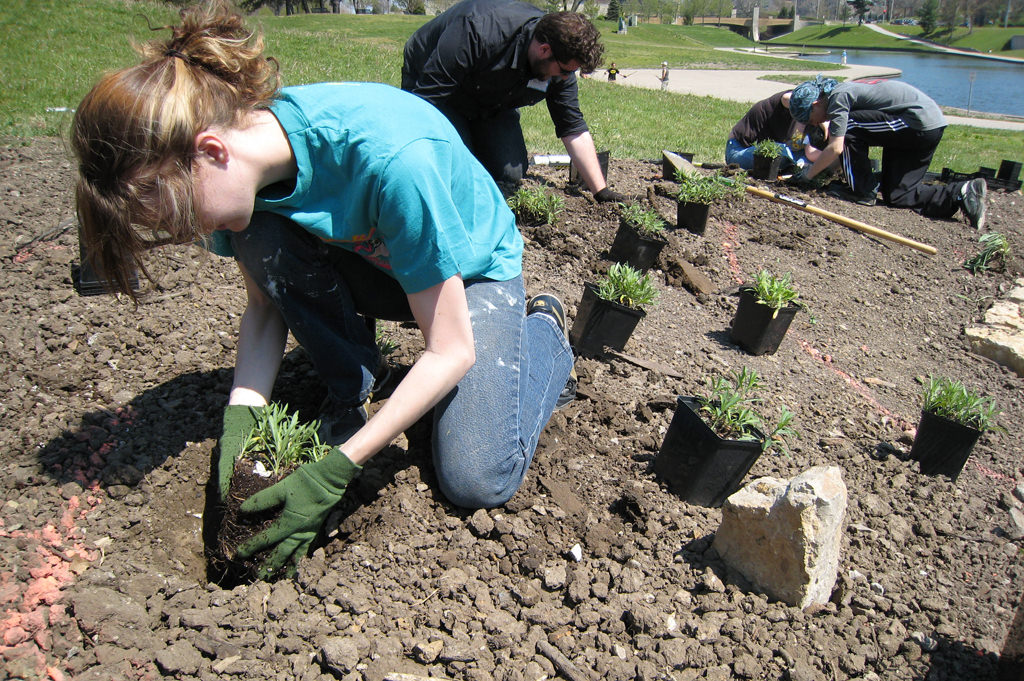  KCAI Brush Creek Community Rain Garden, Kansas City, MO :: 2006-present.  Planting day. Even though the garden could not be planted in the fall semester in which the class was taught, many of the students turned out the following May to help put the
