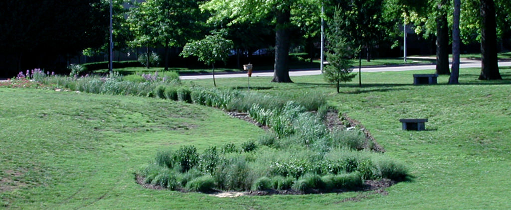  KCAI Brush Creek Community Rain Garden, Kansas City, MO :: 2006-present.  Lower bowl from Volker. Both bowls and the swale have been planted with Missouri native plants such as: button bush, slender mountain mint, purple poppy mallow, cone flowers, 