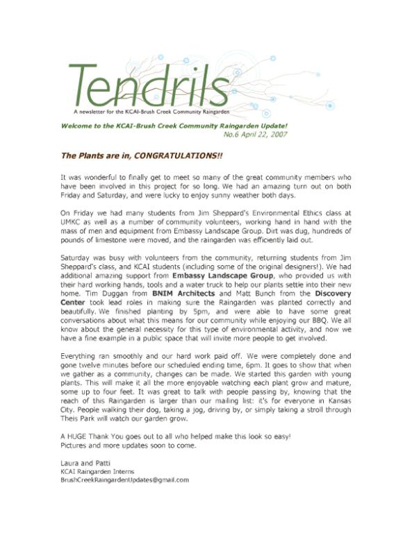  KCAI Brush Creek Community Rain Garden, Kansas City, MO :: 2006-present.  Tendrils issue number six. As part of the outreach to the community we developed this electronic magazine called Tendrils, featuring photos and stories from the rain garden, a