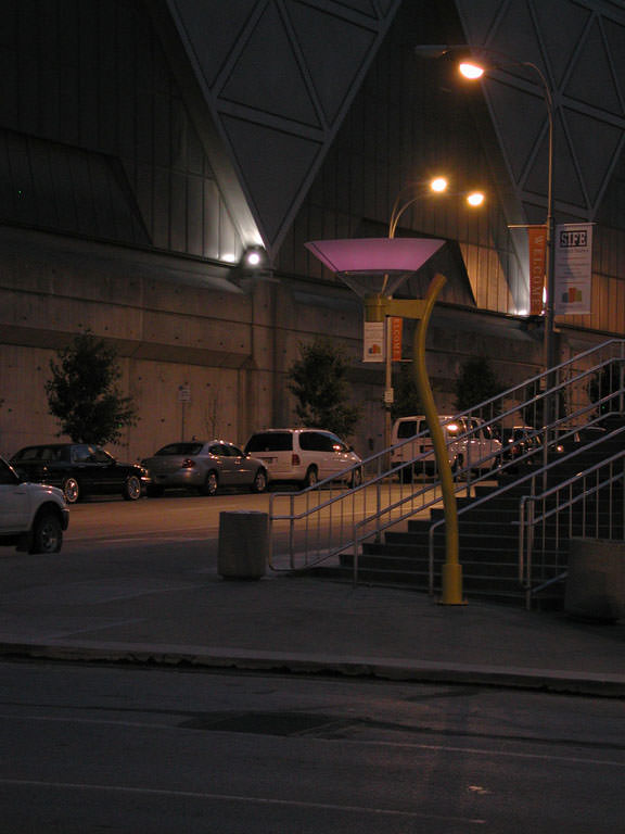  Sky Funnel, downtown Kansas City, MO :: 2006.  The Sky Funnel in front of Bartle Hall, deep pink. After night fell, the Oopic would send the series of stored RGB values to the array of LEDs built into the walls of the funnel and play back the memory