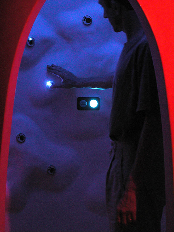  Poetry Machine: 7’ 6” x 4’ x 4’. Expanded foam, Aqua resin, sensors, battery power, microprocessors, computer and sound systems, Seattle, WA :: 2005.  Each sensor triggers a different part of speech - single or plural nouns, adjectives, pronouns, pr