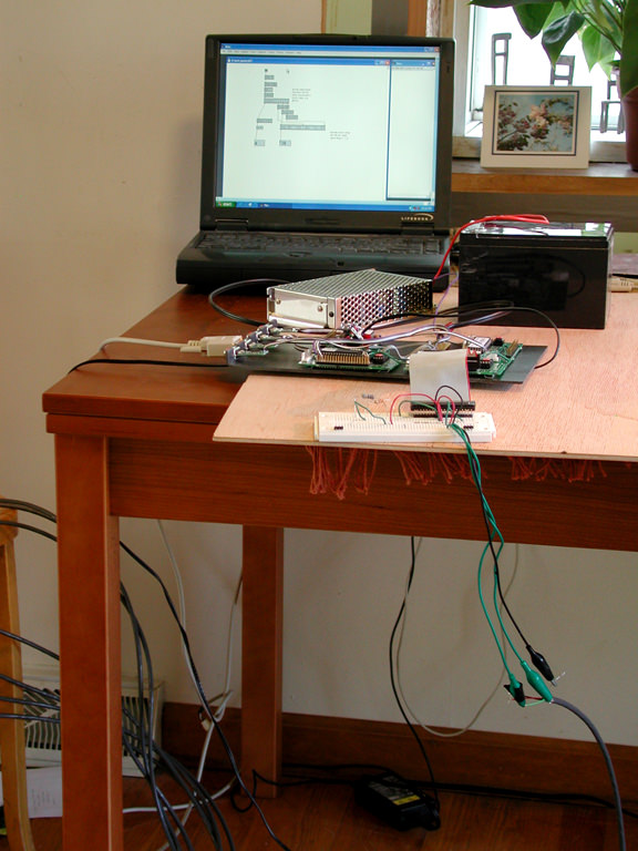 Poetry Machine: 7’ 6” x 4’ x 4’. Expanded foam, Aqua resin, sensors, battery power, microprocessors, computer and sound systems, Seattle, WA :: 2005. This image shows testing sensor inputs with Max MSP output.