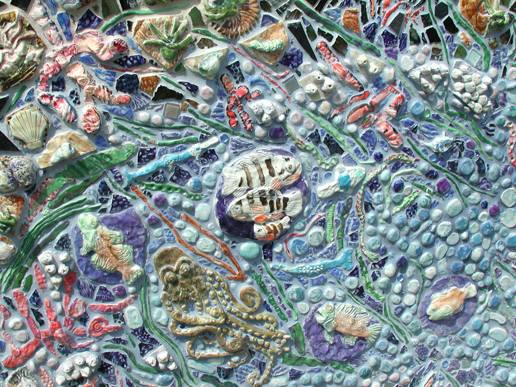  Graham Hill Elementary School, Seattle, WA – Salmon cycle: Tide Pool Mural, high fire ceramic and glass, detail :: 2004.  Close up in the center of the mural showing anemones, barnacles and bivalves, seaweeds, various fish, octopus, and marbled wate