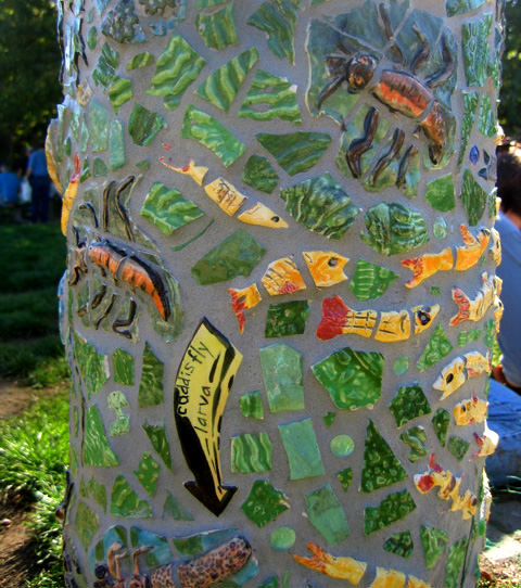  Graham Hill Elementary School, Seattle, WA – Salmon cycle: Freshwater stream, high fire ceramic tiles and glass, columns are approximately 6 ‘ tall :: 2004.  Close up of column and circle. The two concrete columns next to the talking circles became 