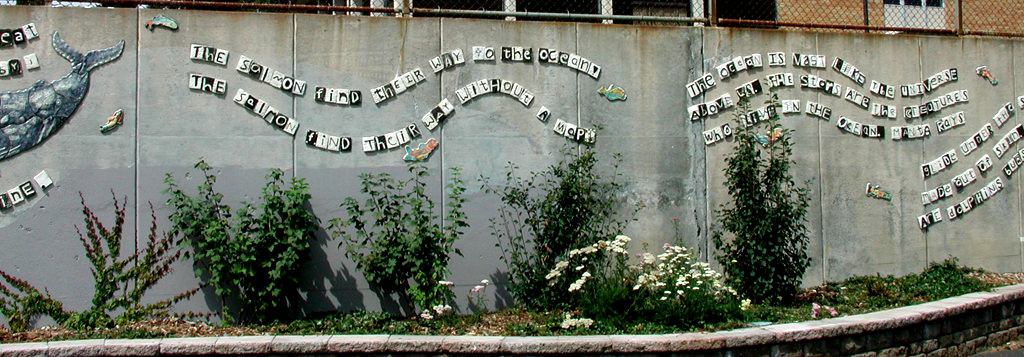  Graham Hill Elementary School, Seattle, WA – Salmon cycle: Poem Line, high fire ceramic, each tile approximately 6” x 6” x 1” :: 2004.  Poem line. 