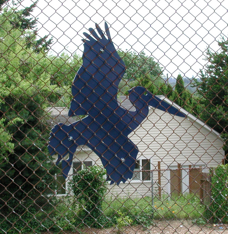  Graham Hill Elementary School, Seattle, WA – Salmon cycle: Shore birds, water jet cut steel, powder coating, approximately 24” x 30” x 1” :: 2004.  Pelican. Leigh worked with children in one class to design simple silhouette shapes of seashore birds